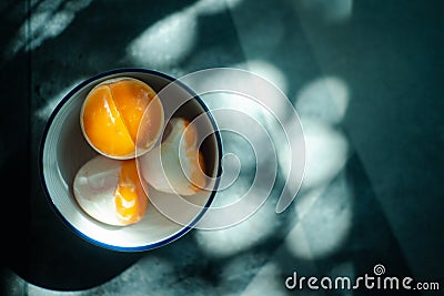 Preserved double eggs yolk in egg shell Thai called Kai Krob Stock Photo