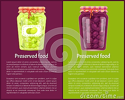 Preserved Food Poster Canned Plums and Green Olive Vector Illustration
