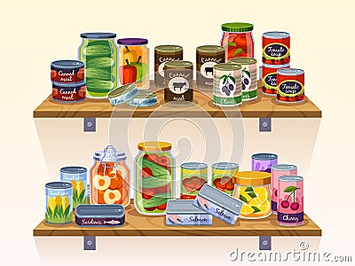 Preserved products shelves. Canned food, grocery goods, tins, glass jars, pickles, jams, meat and fish, long term Vector Illustration