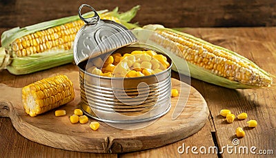 Preserved Sweetcorn in an Open Can and Ripe Corn Cobs - Generative Ai Stock Photo