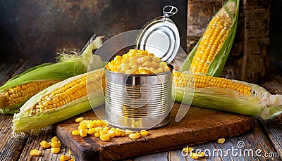 Preserved Sweetcorn in an Open Can and Ripe Corn Cobs - Generative Ai Stock Photo