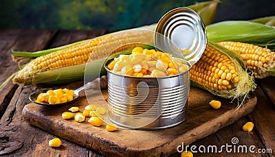 Preserved Sweetcorn in an Open Can and Ripe Corn Cobs - Generative Ai Stock Photo