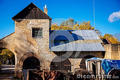 Preserved typical mine building at industrial open air museum Solvay quarries Solvayovy lomy, Saint John under the Cliff Svaty Editorial Stock Photo
