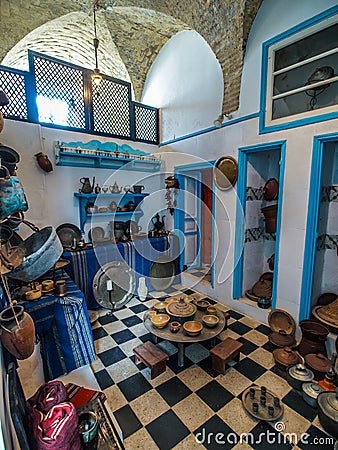 Preserved typical Tunisian kitchen in Kairouan. Editorial Stock Photo