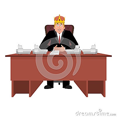 President in crown at desk. Modern King is businessman. Big Boss Vector Illustration