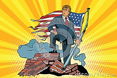 President Donald trump with USA flag, on the ruins Vector Illustration