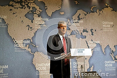 President of Kosovo Hashim ThaÃ§i gives a speak on relations between his country and Serbia, at Editorial Stock Photo