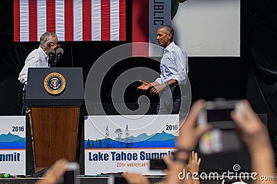 President Obama with Senator Reid at 20th Annual Lake Tahoe Summit 6 Editorial Stock Photo