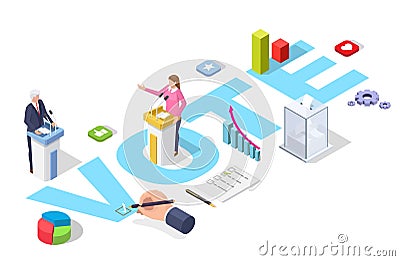 Presidential election debates and vote infographuc. Man and woman politician candidates vector illustration in isometric Vector Illustration