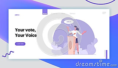 Presidential Election, Voting Website Landing Page. Woman Speaker Standing Behind of Podium with Microphones Vector Illustration