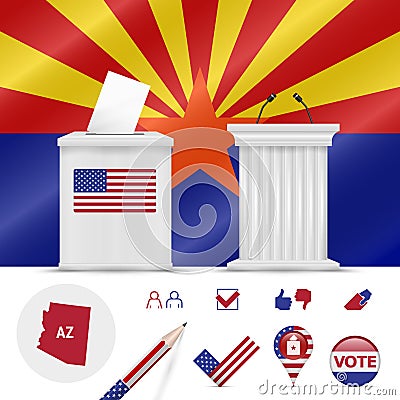 Presidential elections in Arizona. Vector flag, ballot box, speaker`s podium, map and voting icon set Vector Illustration