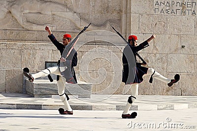 Presidential Guards Marching at the Tomb of the Uknown Soldier in Athens Editorial Stock Photo