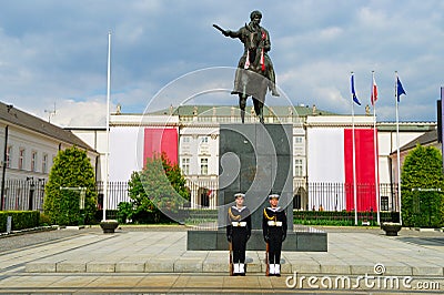 Presidential Palace and statue of Prince Jozef Poniatowski in Warsaw, Poland. Editorial Stock Photo