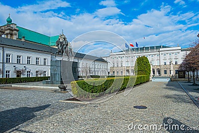 The Presidential Palace in Warsaw and the statue of Prince Poniatowski Stock Photo
