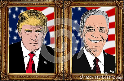 Presidential portrait of Donald Trump and Joe Biden in a luxurious classical frame representing power, victory, official portrait Editorial Stock Photo