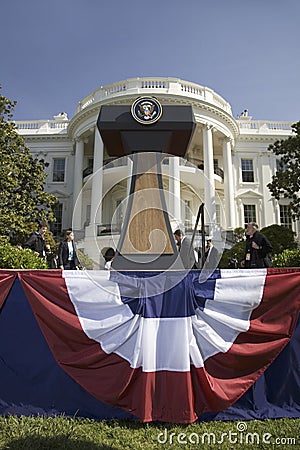 Presidential Seal on podium in front of the South Portico of the White House Editorial Stock Photo