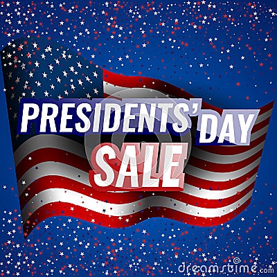 Presidents` Day Sale banner with american flag and stars background. Vector Illustration