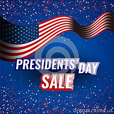 Presidents` Day Sale banner with american flag and stars background. Vector Illustration