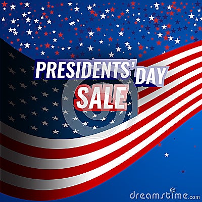 Presidents` Day Sale banner with american flag and stars background. Vector Illustration