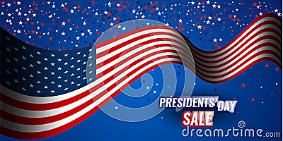 Presidents` Day Sale banner with american flag and stars background. Vector Illustration