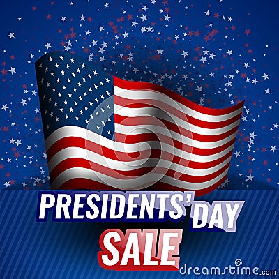 Presidents` Day Sale banner with american flag and stars background. Vector Illustration