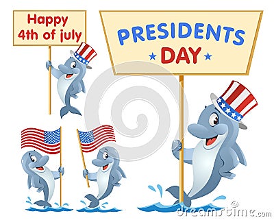 Presidents day. 4th of july. Funny dolphin holds American flag Vector Illustration