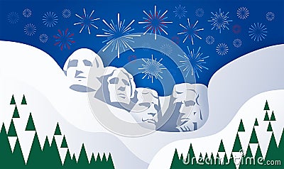 Presidents and fireworks over Mount Rushmore sculpture USA background - vector illustration for Presidents Day Vector Illustration