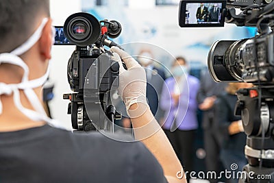 Press or news conference during coronavirus COVID-19 pandemic Stock Photo