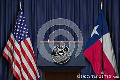 Press conference of governor of the state of Texas concept. Big Seal of the State of Texas on the tribune with flag of USA and Cartoon Illustration