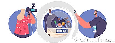 Press Conference Isolated Round Icons, Avatars. Black Man Orator Speaking On Tribune, Journalists Or Press Media Workers Vector Illustration