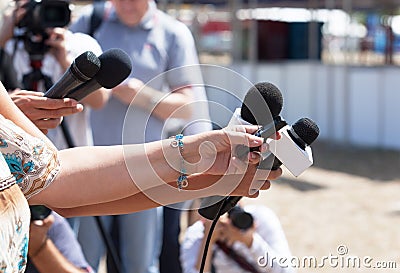 Press conference. Journalism. Stock Photo