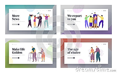 Press Conference Mass Media Interview, Senior People Walking Website Landing Page Set, TV News Concept with Speaker Vector Illustration