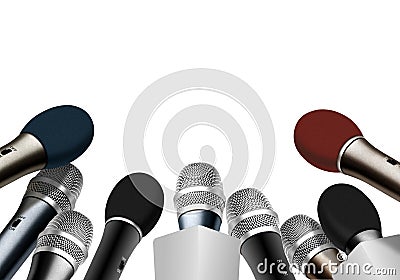 Press conference microphones Stock Photo