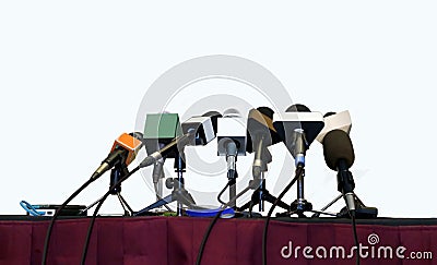 Press conference microphones over white Stock Photo