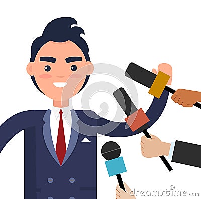 Press conference with a serious guy. Journalists with microphones interview businessman in a suit Vector Illustration