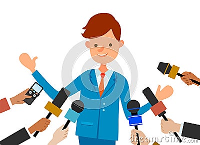 Press conference with smiling boy. Journalists with microphones interview guy in a business suit Vector Illustration