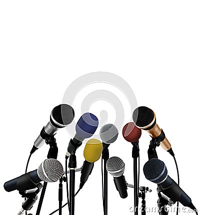 Press conference with standing microphones Stock Photo