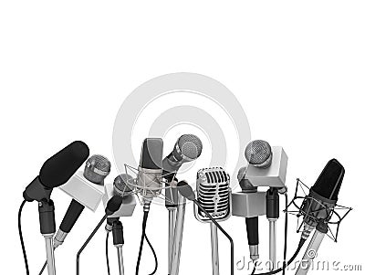 Press conference with standing microphones. Stock Photo