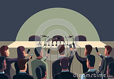 Press conference table or tribune with microphones, reporter people crowd waiting for speaker. Media interviews and Vector Illustration