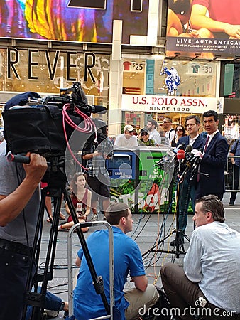 Press Conference in Times Square, Talking to the News Media, NYC, USA Editorial Stock Photo