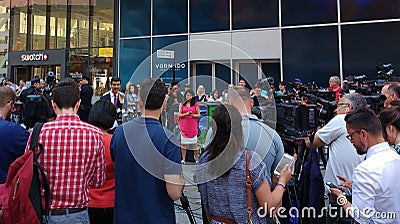 Press Conference in Times Square, Talking to the News Media, NYC, USA Editorial Stock Photo