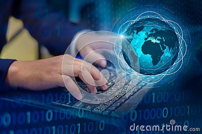 Press enter button on the computer. business logistics Communication network World map send message Connect worldwide hand keyboar Stock Photo