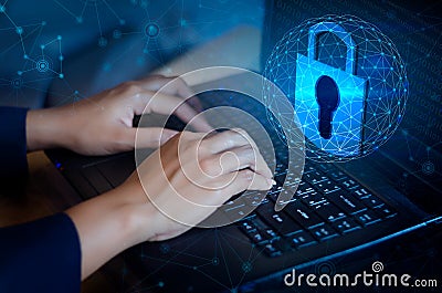 Press enter button on computer. Key lock security system abstract technology world digital link cyber security on hi tech Dark Stock Photo