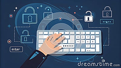 Press enter button on computer, close up of a finger pressing a button on keyboard Stock Photo