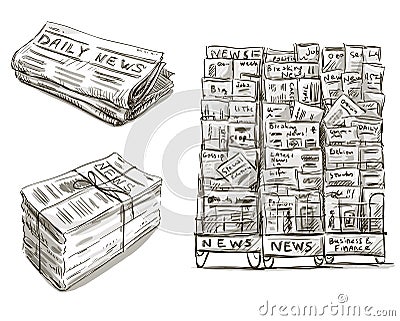 Press. Newspaper stand. Hand drawn. Vector Illustration