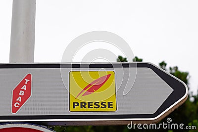 Presse and tabac arrow logo brand and text sign of tobacco france store and French Editorial Stock Photo
