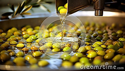 Pressing olives for the production of extra virgin olive oil. AI generative Stock Photo
