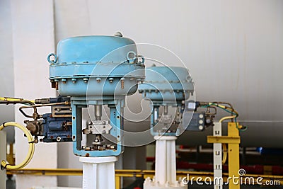 Pressure control valve in oil and gas process and controlled by Program Logic Control, PLC controller the valve and control Stock Photo