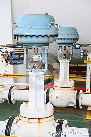 Pressure control valve in oil and gas process and controlled by Program Logic Control, PLC controller the valve and control Stock Photo