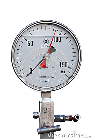 The pressure dial gauge installed on oil line Stock Photo